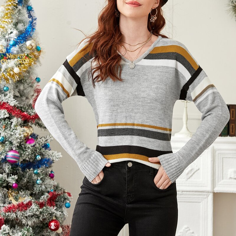 

V-neck Striped Pattern Sweater, Grey