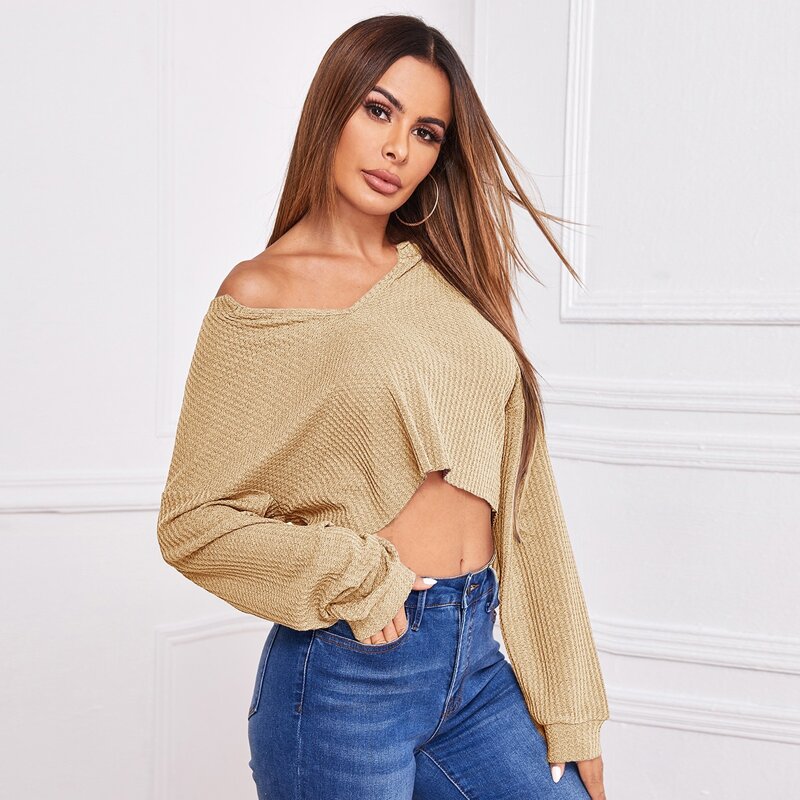 

Notch Neck Drop Shoulder Crop Tee, Khaki