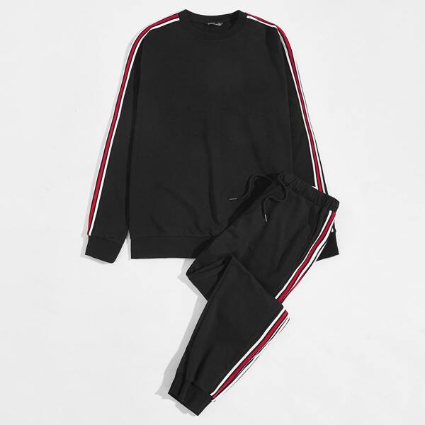 

Men Contrast Striped Side Pullover and Drawstring Waist Joggers Set, Black