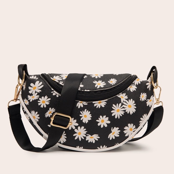 

Daisy Pattern Crossbody Bag, Black and white