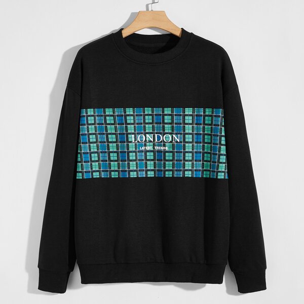 

Men Plaid & Letter Graphic Sweatshirt, Black