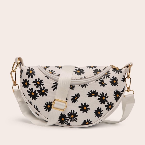 

Daisy Pattern Crossbody Bag, Black and white