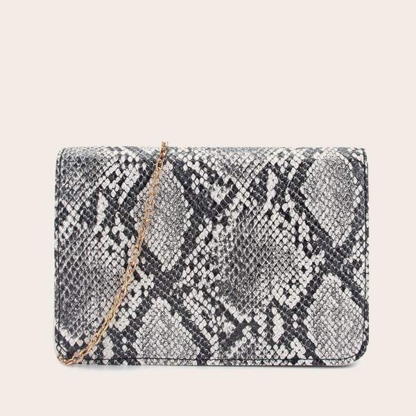 

Snakeskin Print Chain Crossbody Bag, Black and white