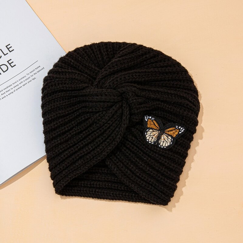 

Butterfly Embroidery Knit Turban Hat, Black