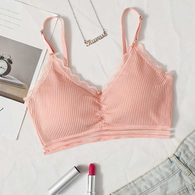 

Lace Trim Ribbed Bralette, Baby pink