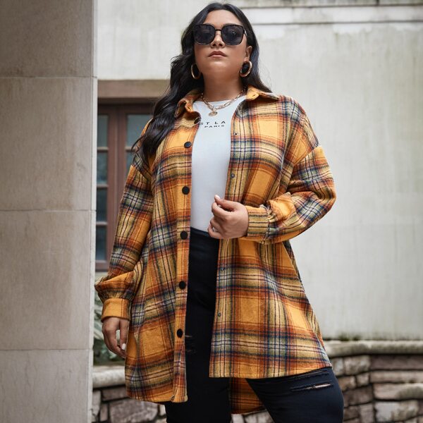 

Plus Drop Shoulder Plaid Overcoat, Multicolor