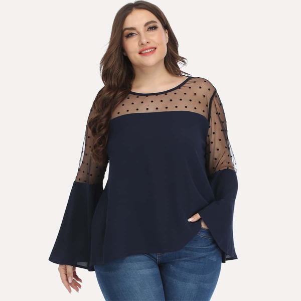 

Plus Dobby Mesh Bell Sleeve Blouse, Navy blue