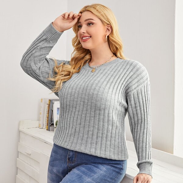 

Plus Ribbed Knit Drop Shoulder Sweater, Grey