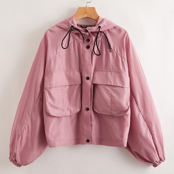 

Solid Flap Pocket Drawstring Hooded Windbreaker Jacket, Dusty pink