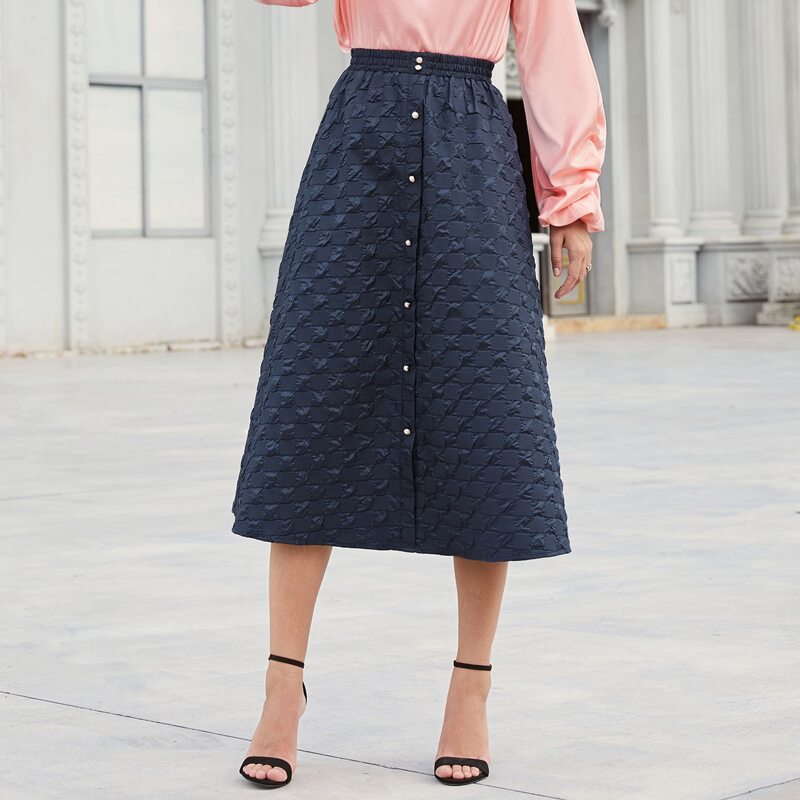 

Solid Button Detail Elastic Waist Skirt, Navy blue