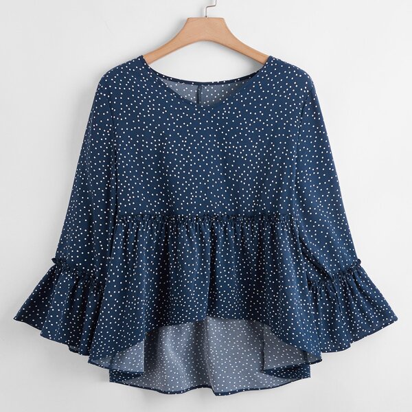 

Plus Polka Dot High Low Ruffle Hem Blouse, Navy blue