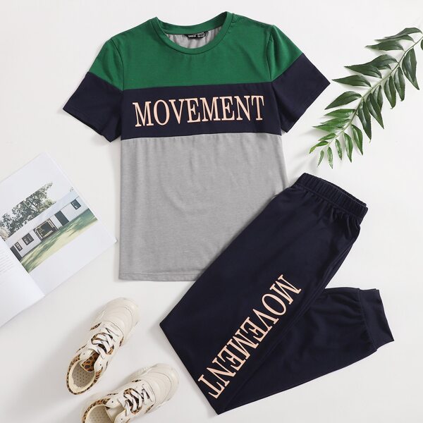 

Letter Graphic Colorblock Top & Sweatpants Set, Multicolor