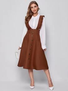 Mulvari Wide Waistband Button Front Ruffle Suspender Dress