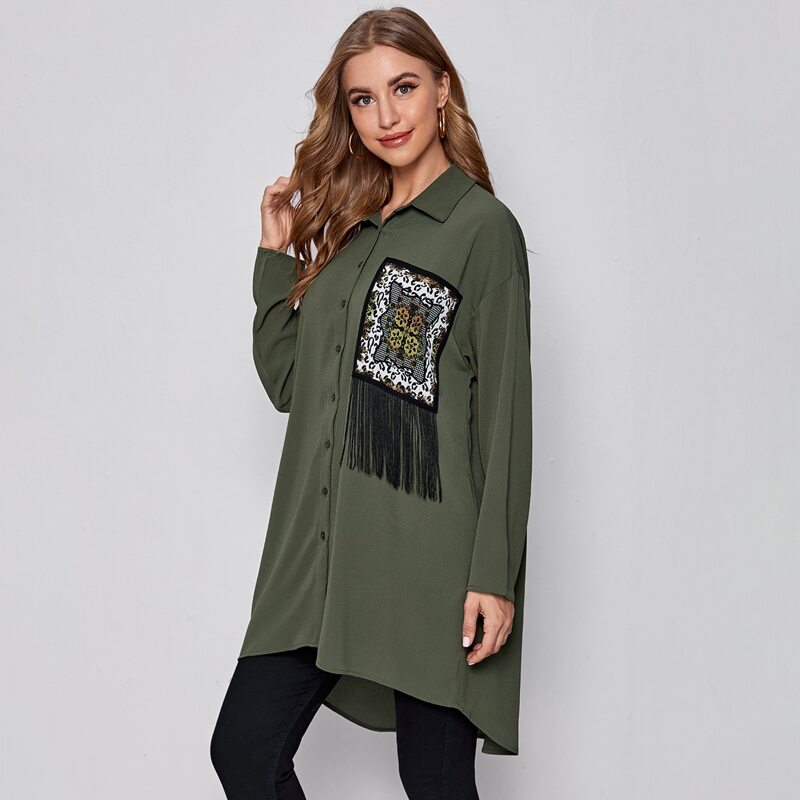 

Fringe Trim Patch Print Dip Hem Blouse, Army green