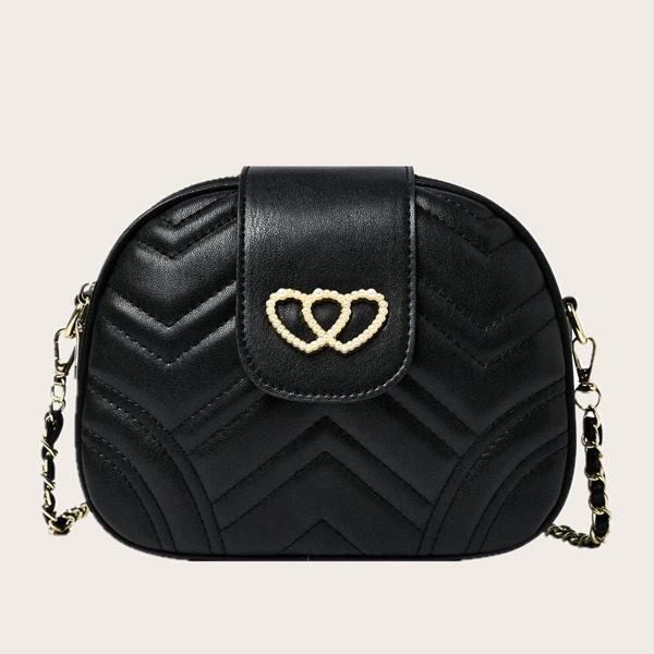 

Faux Pearl Decor Chevron Crossbody Bag, Black