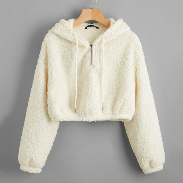 

Zip Half Placket Teddy Hoodie, Beige