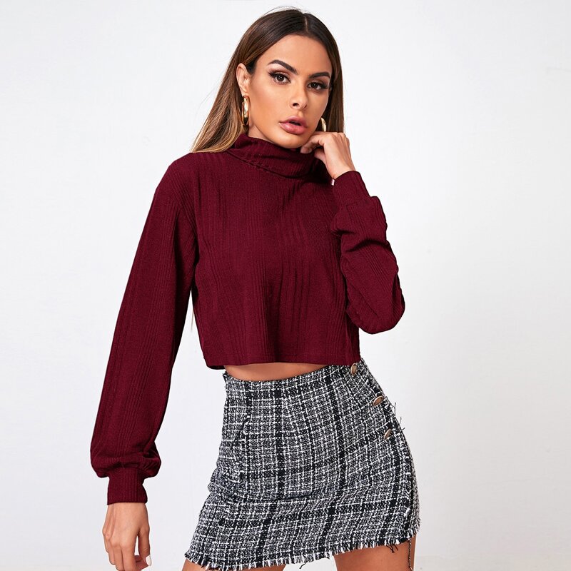 

Turtle Neck Rib-knit Crop Top, Maroon