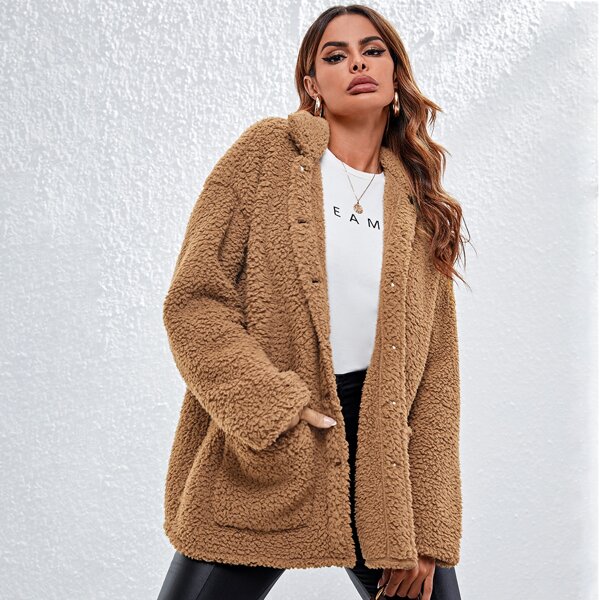

Collared Single Breasted Pocket Front Teddy Coat, Camel