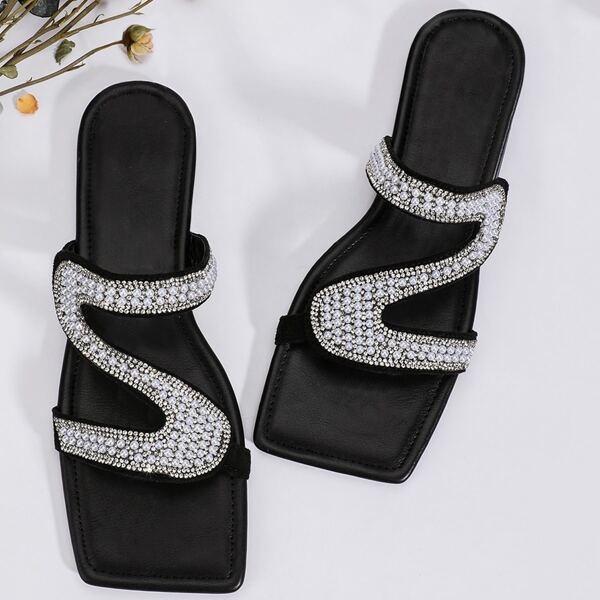 

Faux Pearl Decor Slide Sandals, Black