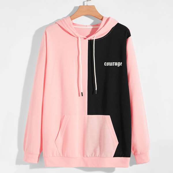 

Men Colorblock Letter Graphic Kangaroo Pocket Drawstring Hoodie, Baby pink