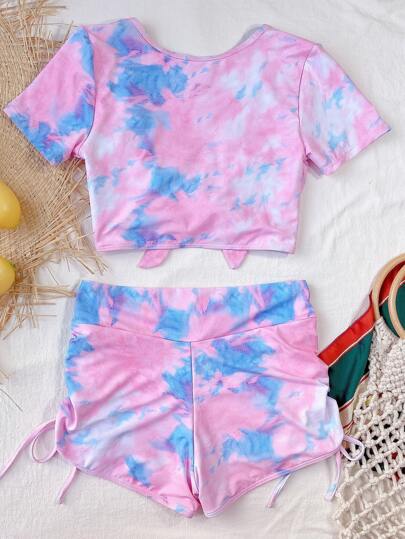 Tie Dye Tie Front Ruched Bikini Swimsuit