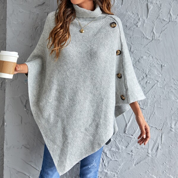 

Turtleneck Button Detail Poncho Sweater, Light grey