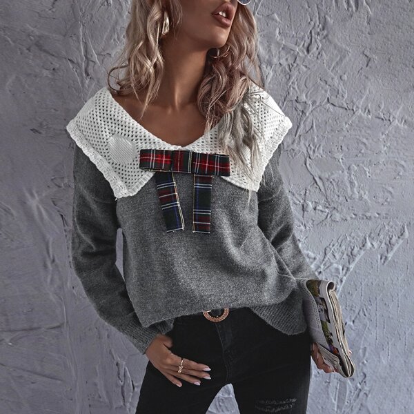 

Contrast Peter Pan Collar Bow Detail Sweater, Dark grey