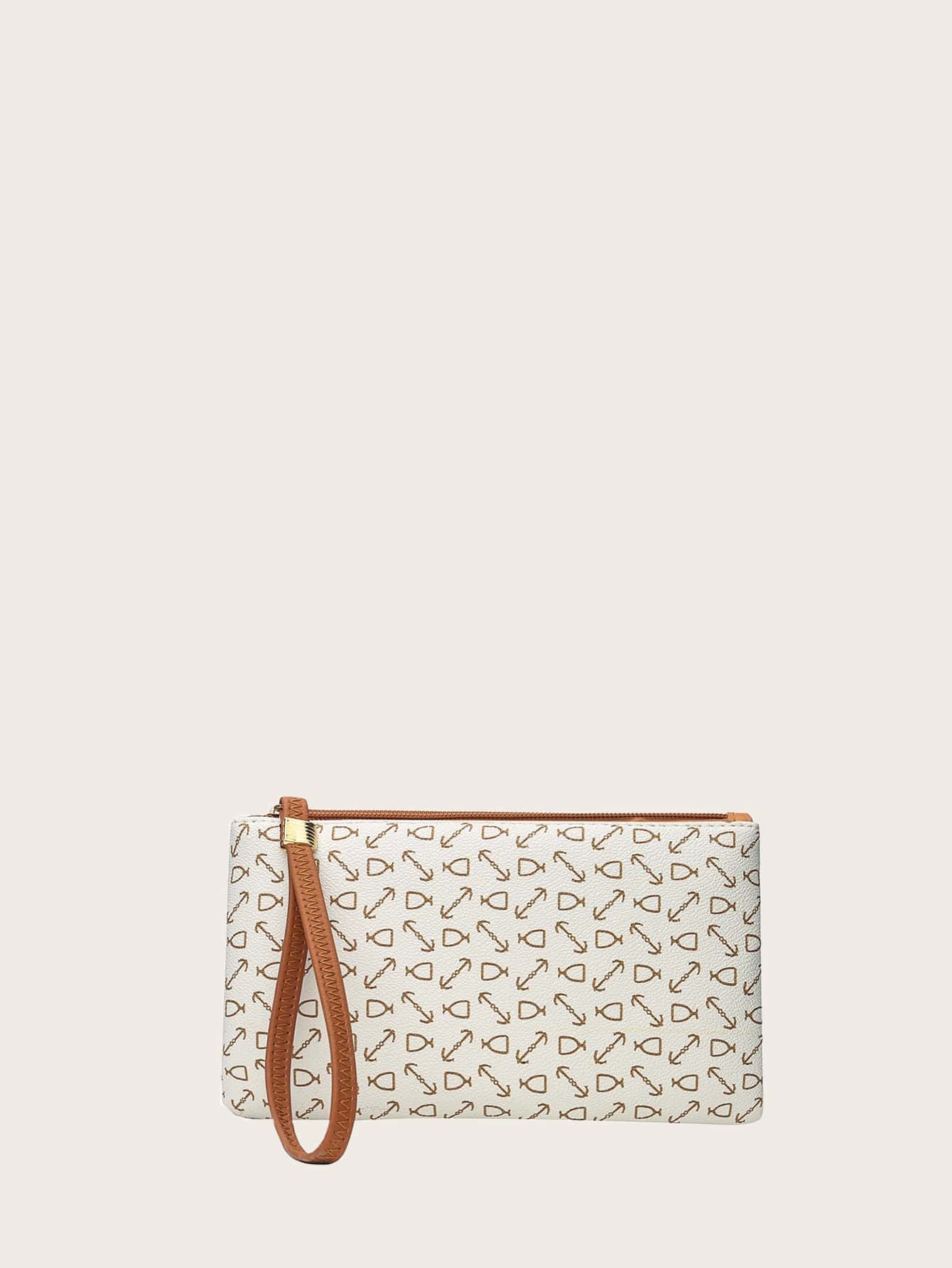 Graphic Print Purse With Wristlet - Beige - View 1