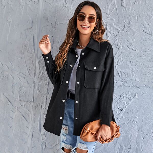 

Flap Pocket Button Front Coat, Black