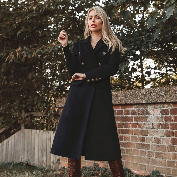 

Notched Collar Double Breasted Flap Detail Coat, Black
