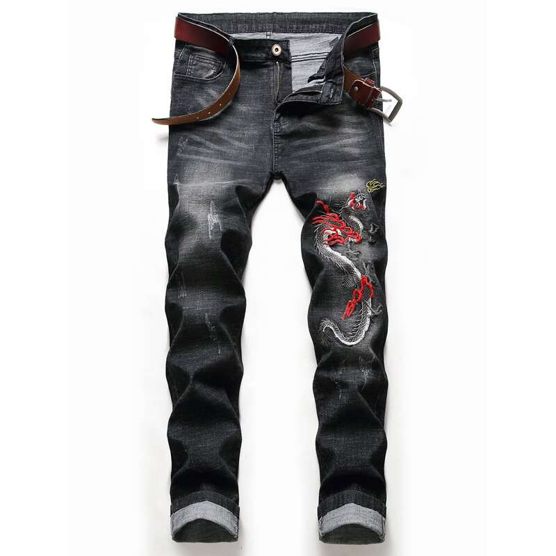 

Guys Chinese Dragon Embroidery Jeans, Black