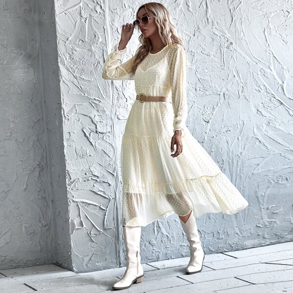 

Cami Dress & Swiss Dot Ruffle Hem Sheer Dress Without Belt, Beige