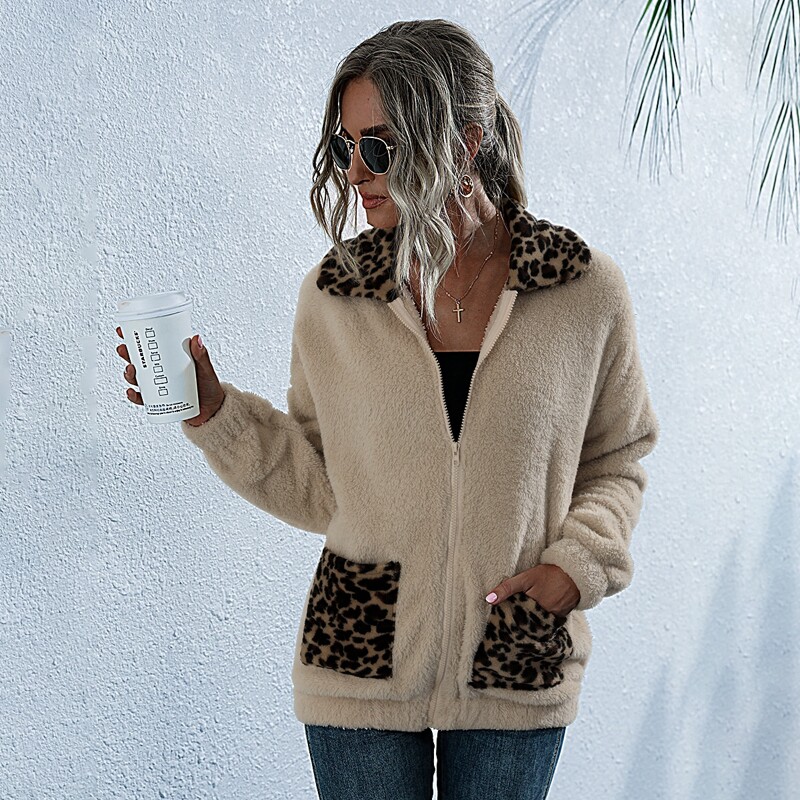 

Leopard Print Zipper Front Teddy Jacket, Apricot
