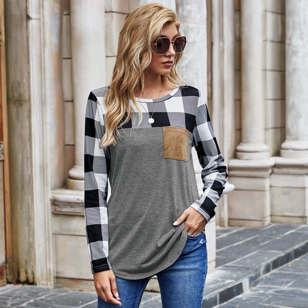 

Contrast Buffalo Plaid Pocket Front Tee, Grey