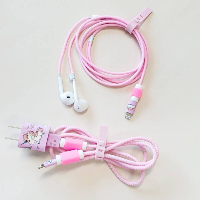 

6pcs Unicorn Earphone & Data Cable Protection Set, Pink