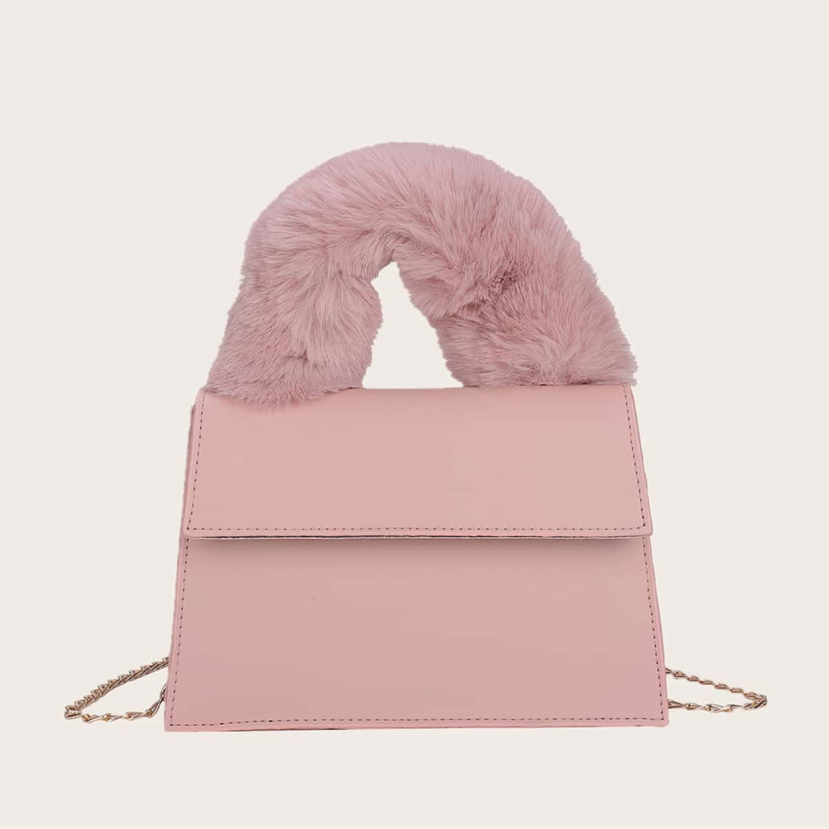 

Faux Fur Handle Satchel Bag, Pink