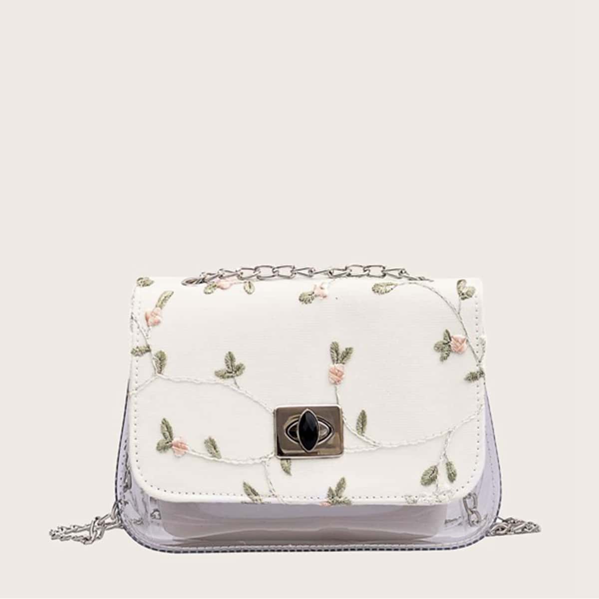 

Floral Embroidery Clear Crossbody Bag, White