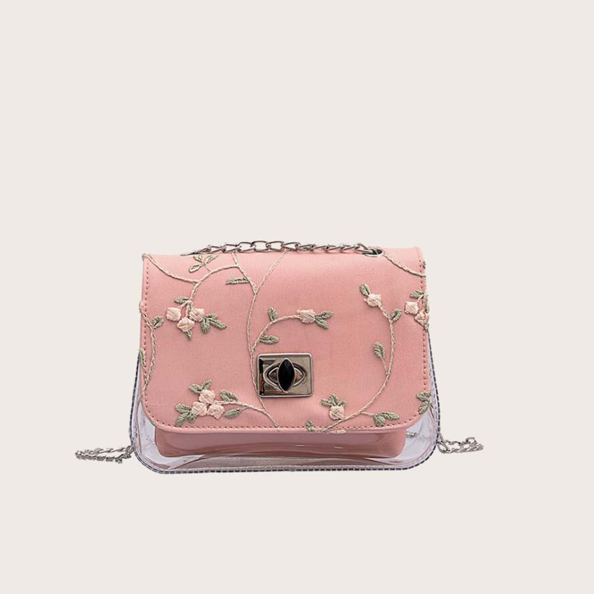 

Floral Embroidery Clear Crossbody Bag, Pink