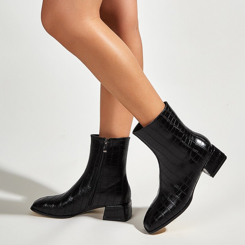 

Square Toe Block Heeled Ankle Boots, Black