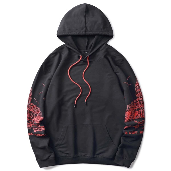 

Men Architecture And Slogan Graphic Hoodie, Black
