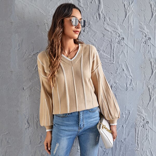 

Striped V-neck Drop Shoulder Sweater, Khaki