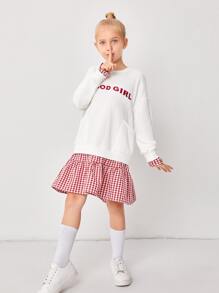 SHEIN 女孩口袋字母刺繡格紋袖和下擺運動衫連衣裙 - 紅白色 - 查看 1
