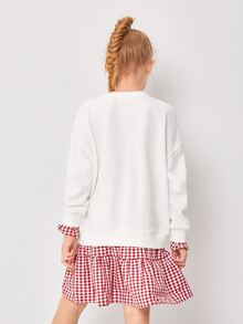 SHEIN 女孩口袋字母刺繡格紋袖和下擺運動衫連衣裙 - 紅白色 - 查看 2