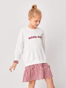 SHEIN 女孩口袋字母刺繡格紋袖和下擺運動衫連衣裙 - 紅白色 - 查看 4