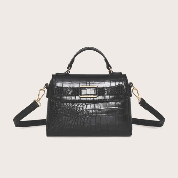 

Croc Embossed Flap Satchel Bag, Black