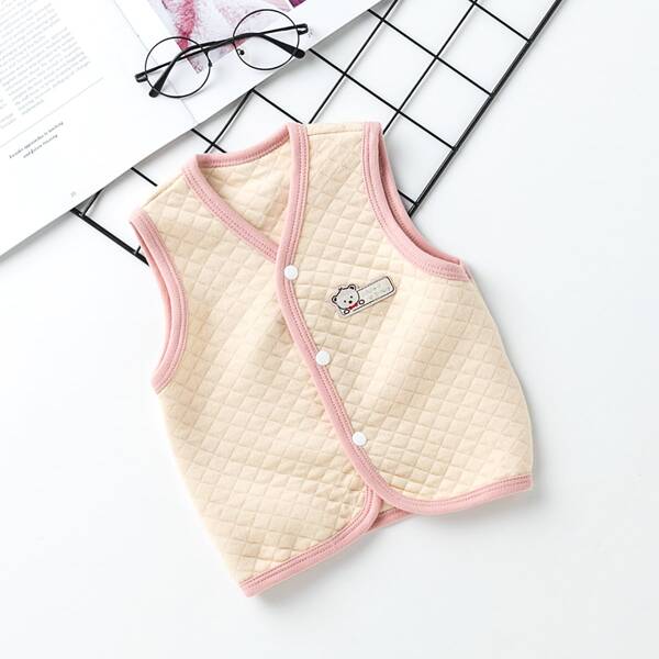 

Toddler Girls Cartoon Bear Patched Single Breasted Vest, Beige