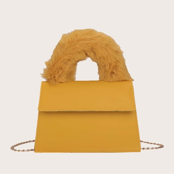 

Faux Fur Handle Satchel Bag, Yellow
