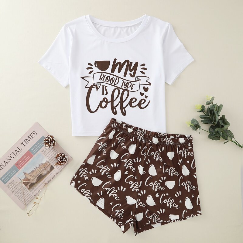 

Slogan And Cartoon Graphic Short Sleeve PJ Set, Multicolor