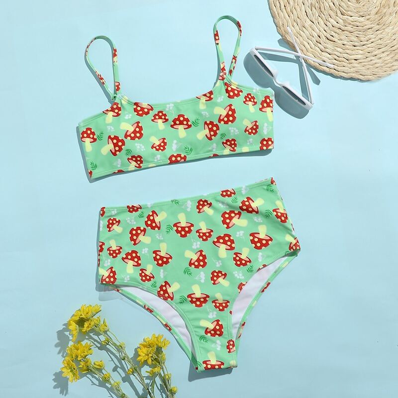 

Mushroom Print High Waist Bikini Swimsuit, Multicolor