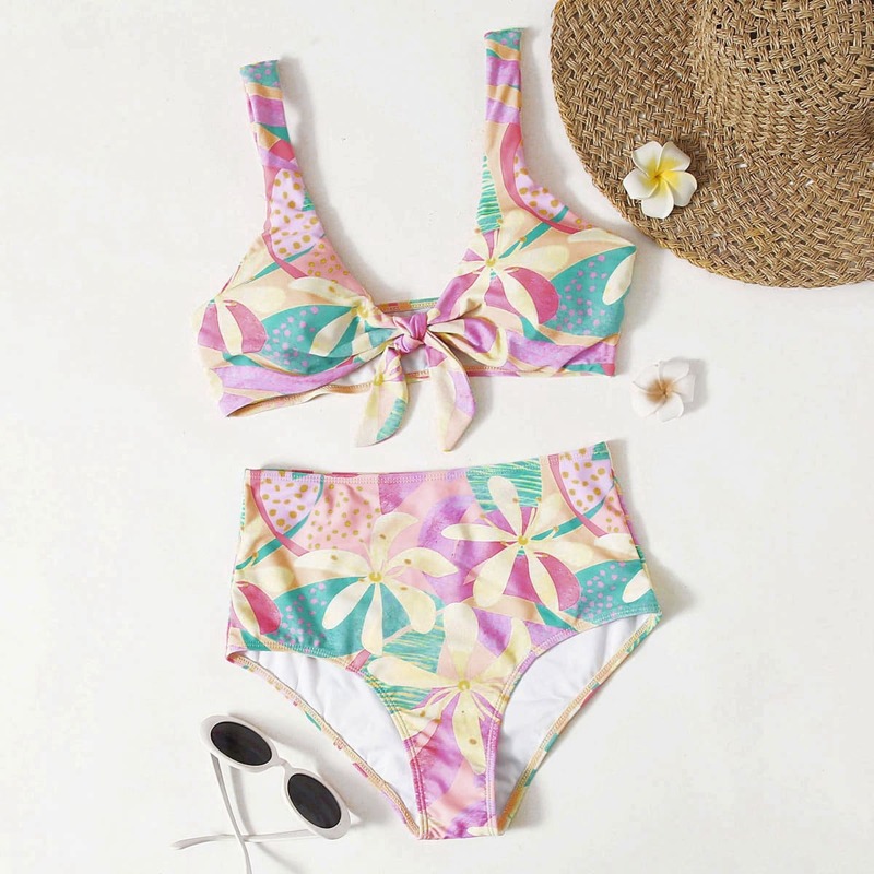 

Floral Knot Front High Waist Bikini Swimsuit, Multicolor